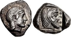 Greek DYNASTS of LYCIA. Kherei. Circa 410-390 BC. AR Stater (17.5mm, 8.54 g, 3h). Telmessos mint. Head of Athena right, wearing crested Attic helmet decorated with spiral palmette and three olive leav