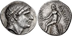 Greek SELEUKID EMPIRE. Antiochos II Theos. 261-246 BC. AR Tetradrachm (27.5mm, 16.85 g, 9h). Uncertain mint 33, probably in the far east. Diademed head of Antiochos I right / Apollo Delphios, testing 