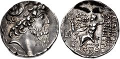Greek SELEUKID EMPIRE. Demetrios II Nikator. Second reign, 129-125 BC. AR Tetradrachm (28mm, 16.46 g, 1h). Damaskos mint. Dated SE 185 (128/7 BC). Diademed head right / Zeus Nikephoros seated left; mo