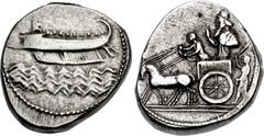 Greek PHOENICIA, Sidon. Uncertain king. Early-mid 4th century BC. AR Dishekel (26mm, 25.73 g, 10h). Contemporary imitation. Phoenician galley left; waves below / Persian king and driver in chariot dra