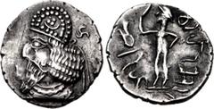 Oriental Greek KINGS of PERSIS. Uncertain king III. 2nd century AD. AR Drachm (18.5mm, 2.98 g, 1h). Istakhr (Persepolis) mint. Bearded bust left, wearing diadem and Parthian-style tiara decorated with