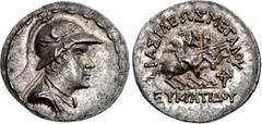 Oriental Greek BAKTRIA, Greco-Baktrian Kingdom. Eukratides I Megas. Circa 170-145 BC. AR Tetradrachm (34mm, 16.98 g, 12h). Diademed and draped bust right, wearing crested helmet adorned with bull's ho
