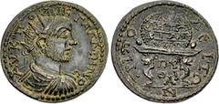 Roman Provincial LYDIA, Tripolis. Gallienus. AD 253-268. Æ (32mm, 18.07 g, 6h). AV• K • ΠO • ΛIC • ΓAΛΛIHNO/C, radiate, draped, and cuirassed bust right / TPIΠO-ΛЄITΩ/N, agonistic urn set on table; ΛH