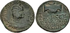 Roman Provincial PAMPHYLIA, Sillyum. Salonina. Augusta, AD 254-268. Æ Decassarion (36mm, 21.08 g, 6h). Draped bust right, wearing stephane, set on crescent; I (mark of value) before / Clasped right ha