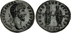 Roman Imperial Lucius Verus. AD 161-169. Æ Sestertius (32mm, 24.80 g, 12h). Rome mint. Struck AD 161. IMP CΛES L ΛVREL VERVS ΛVG, laureate head right / CONCORD ΛVGVSTOR TR P, Marcus Aurelius standing 