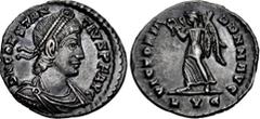 Roman Imperial Constantius II. AD 337-361. AR Siliqua (17mm, 1.84 g, 12h). Lugdunum (Lyon) mint. Struck AD 360-361. Pearl-diademed, draped, and cuirassed bust right / Victory advancing left, holding w