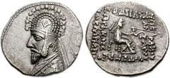 KINGS of PARTHIA. Orodes I. March/April 80 - March/April 75 BC. AR Drachm (19mm, 4.13 g, 1h). Rhagae mint. Struck circa 77-75 BC. Diademed bust left, wearing tiara; [anchor behind] / BAΣIΛEΩΣ MEΓ-AΛOΥ