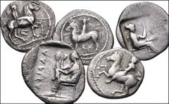 Greek THESSALY. Lot of five (5) silver coins. All coins: LARISSA. AR Trihemiobol. Warrior riding horse / Larissa seated on chair (5). A good mix of styles. Near VF–VF, toned, some porosity. From the B