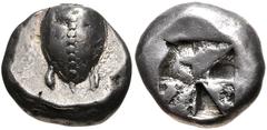 Greek ISLANDS off ATTICA, Aegina. Circa 525/0-500 BC. AR Stater (19.5mm, 12.16 g). Sea turtle, head in profile, [with thin collar], row of dots down its back, and thin legs / Deep incuse square of "Un