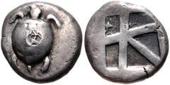 Greek ISLANDS off ATTICA, Aegina. Circa 480-457 BC. AR Stater (19.5mm, 12.27 g, 2h). Sea turtle, head in profile, with 'T-back' design on shell / Large square incuse with skew pattern. Meadows, Aegina