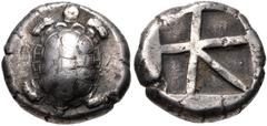 Greek ISLANDS off ATTICA, Aegina. Circa 456/45-431 BC. AR Stater (19.5mm, 12.23 g, 11h). Land tortoise with segmented shell / Large square incuse with skew pattern. Meadows, Aegina, Group IIIb; HGC 6,