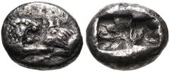 Greek KINGS of LYDIA. Kroisos. Circa 564/53-550/39 BC. AR Sixth Stater (10.5mm, 1.49 g). Sardes mint. Confronted foreparts of lion and bull / Two incuse squares. Berk 25; SNG Ashmolean 773 (Persian pe