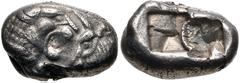 Greek KINGS of LYDIA. temp. Cyrus – Darios I. Circa 550/39-520 BC. AR Siglos – Half Stater (15mm, 5.33 g). Kroiseid type. Sardes mint. Confronted foreparts of lion right and bull left / Two incuse squ