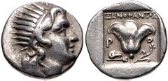 Greek ISLANDS off CARIA, Rhodos. Rhodes. Circa 188-170 BC. AR Drachm (15mm, 3.02 g, 12h). 'Plinthophoric' coinage. Xenophantos, magistrate. Radiate head of Helios right / Rose with bud to right; ΞENOΦ