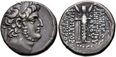 Greek SELEUKID EMPIRE. Demetrios III Eukairos. 97/6-88/7 BC. AR Tetradrachm (26mm, 16.20 g, 12h). Damaskos mint. Dated SE 218 (95/4 BC). Diademed head right / Cult statue of Atargatis standing facing,