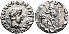 Oriental Greek BAKTRIA, Indo-Greek Kingdom. Hermaios Soter. Circa 105-90 BC. AR Drachm (16mm, 1.78 g, 12h). Posthumous issue struck by Indo-Skythians near Kabul, circa 50-35 BC. Diademed and draped bu