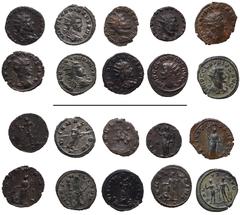 Roman Imperial Claudius II Gothicus. AD 268-270. Lot of ten (10) Antoniniani. Includes the following: 1) MILAN. Pax holding olive branch and scepter; –/–//T. RIC Online 39 (this coin cited). 2) Diana 