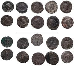 Roman Imperial Claudius II Gothicus. AD 268-270. Lot of ten (10) Antoniniani. Includes the following: 1) MILAN. Spes holding flower and lifting skirt; –/–//–. RIC Online 24 (this coin cited). Scarce. 