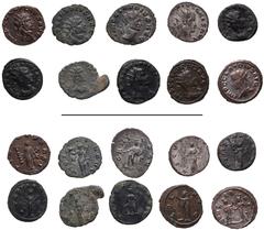 Roman Imperial Claudius II Gothicus. AD 268-270. Lot of ten (10) Antoniniani. Includes the following: 1) ROME. Fides holding two standards; –/XI//–. RIC Online 283 (this coin cited). 2) Victory holdin