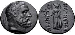 Greek LYDIA, Magnesia ad Sipylum. 2nd-1st centuries BC. Æ (23.5mm, 6.37 g, 11h). Bearded head of Herakles right, wearing laurel wreath / Athena Nikephoros standing left; monogram to upper left, MAΓNHT