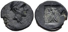 Greek LYCIA, Telmessos. 2nd-1st centuries BC. Æ (13mm, 1.34 g, 12h). Head of Hermes(?) right / Bee; T-E across upper field; all within incuse square. SNG Copenhagen 135. VF, green patina, flan a littl