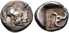 Greek DYNASTS of LYCIA. Vekhssere I. Circa 450-430/20 BC. AR Third Stater (12.5mm, 2.67 g). Uncertain mint. Helmeted head of Athena right / Triskeles; diskeles and name around; all within incuse squar