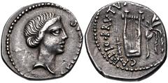 Roman Republican The Republicans. Brutus. Spring-early summer 42 BC. AR Denarius (18mm, 3.78 g, 12h). Military mint traveling with Brutus in Lycia. Head of Libertas right / Lyre between quiver to left