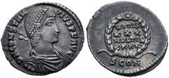 The 1887 East Harptree Hoard Constantius II. AD 337-361. AR Siliqua (19mm, 1.85 g, 6h). Arelate (Arles) mint, 2nd officina. Struck AD 355-361. D N CONSTAN TIVS P F AVG, pearl-diademed, draped, and cui