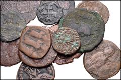 Large Lots BYZANTINE. Lot of thirteen (13) bronzes and one (1) AV Solidus. Includes: Æ Folles (11 coins, a mix of rulers) // Smaller bronzes (2 coins) // Phocas. AV Solidus. Fair to VF, mostly with pa
