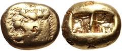 Greek KINGS of LYDIA. Alyattes. Circa 620/10-564/53 BC. EL Trite – Third Stater (12.5mm, 4.66 g). Sardes mint. Head of roaring lion left, "sun" on forehead; traces of WALWEL (in Lydian) to left / Two 