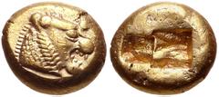 Greek KINGS of LYDIA. temp. Alyattes – Kroisos. Circa 620/10-550/39 BC. EL Trite – Third Stater (12.5mm, 4.70 g). Sardes mint. Head of roaring lion right, "sun" with multiple rays on forehead / Two sq