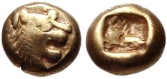 Greek KINGS of LYDIA. temp. Alyattes – Kroisos. Circa 620/10-550/39 BC. EL Hemihekte – Twelfth Stater (7mm, 1.18 g). Sardes mint. Head of roaring lion right, "sun" with no rays on forehead / Square pu