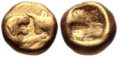 Greek KINGS of LYDIA. Kroisos. Circa 564/53-550/39 BC. AV Twelfth Stater (6mm, 0.88 g). Heavy standard. Sardes mint. Confronted foreparts of lion and bull / Two square punches. Walburg Group V; Berk 9
