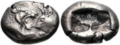 Greek KINGS of LYDIA. Kroisos. Circa 564/53-550/39 BC. AR Hemistater (16mm, 5.31 g). Sardes mint. Confronted foreparts of lion and bull / Two square punches of unequal size. Berk 23; SNG Ashmolean 763