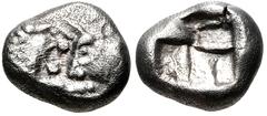 Greek KINGS of LYDIA. Kroisos. Circa 564/53-550/39 BC. AR Twelfth Stater (8mm, 0.88 g). Sardes mint. Confronted foreparts of lion right and bull left / Square punch. Berk 26–7; SNG Ashmolean 775 (Pers