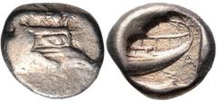Greek LYCIA, Phaselis. Circa 500-440 BC. AR Third Stater (13mm, 3.39 g, 5h). Prow of galley right / Stern of galley right within incuse square. Heipp-Tamer Series 4, Emission 2, 67 var. (V–/R58 [unlis