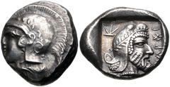 Greek DYNASTS of LYCIA. Kherei. Circa 410-390 BC. AR Stater (17.5mm, 8.53 g, 9h). Helmeted head of Athena left / Head of Kherei right, wearing Persian tiara decorated with laurel branch; monogram to l