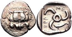 Greek DYNASTS of LYCIA. Mithrapata. Circa 390-370 BC. AR Sixth Stater (12.5mm, 1.39 g). Phellos(?) mint. Facing lion scalp / Triskeles; dolphin in one section; all within incuse square. Müseler VII 76