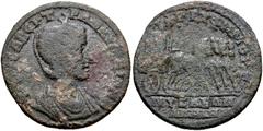 Roman Provincial LYDIA, Nysa. Tranquillina. Augusta, AD 241-244. Æ (30mm, 23.88 g, 6h). Marcus Aurelius Euphemos, grammateus. Draped bust right, wearing stephane / Sacred wagon drawn by four horses. R