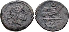Duplicates from the Andrew McCabe Collection Anonymous. 208 BC. Æ Semis (31mm, 15.65 g, 12h). Staff and club series. Mint in Etruria(?). Laureate head of Saturn right; S (mark of value) behind / Prow 