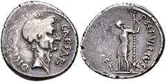 Duplicates from the Andrew McCabe Collection The Caesarians. Julius Caesar. February-March 44 BC. AR Denarius (17mm, 3.64 g, 4h). Lifetime issue. Rome mint; P. Sepullius Macer, moneyer. Laureate head 
