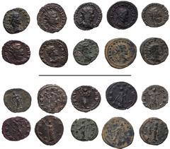 Roman Imperial Claudius II Gothicus. AD 268-270. Lot of ten (10) Antoniniani. Lot includes the following: 1) MILAN. Aesculapius leaning on serpent-entwined staff; –/–//–. RIC Online 21 (this coin cite