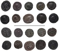 Roman Imperial Claudius II Gothicus. AD 268-270. Lot of ten (10) Antoniniani. Includes the following: 1) ROME. Pax holding olive branch and scepter; –/–//–. RIC Online 132 (this coin cited). Extremely