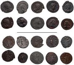 Roman Imperial Claudius II Gothicus. AD 268-270. Lot of ten (10) Antoniniani. Includes the following: 1) ROME. Annona with foot on prow, holding grain ears and cornucopia; –/Δ//–. RIC Online 199. 2) V
