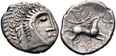 British CELTIC, Iceni. Uninscribed. Circa AD 20-43. AR Unit (12.5mm, 1.23 g, 12h). Norfolk God, Small head (Icenian O) type. Celticized head right; two trefoils before / Horse right; wheel above, loze