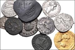 Large Lots MIXED. Roman Imperial to Byzantine. Lot of ten (10) bronze, silver, and gold. Includes: Roman: Æ Quadrans of Augustus // Denarii of Vespasian, Domitian, Marcus Aurelius, and Lucilla (4 coin