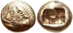 KINGS of LYDIA. Time of Alyattes II. Late 7th century BC. EL Third Stater - Trite (12mm, 4.67 g). Head of roaring lion right, sun with four rays on forehead / Double incuse punch. Weidauer 64; BMC Lyd