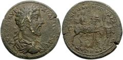 LYDIA, Mostene. Commodus. 177-192 AD. Æ 35mm (22.48 g). Laureate, draped and cuirassed bust right, seen from behind / EΠ MςOΛIEPNO-V APX M-OCTHNΩN, horseman right holding bipenis over shoulder being l