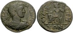LYDIA, Thyatira. Severus Alexander. 222-235 AD. Æ 25mm (6.81 g). Laureate, draped and cuirassed bust right, seen from behind / ΘςAT-EIΡH-NΩN, Athena seated left, holding Nike and sceptre, shield resti