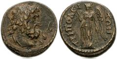 LYDIA, Tripolis. Autonomous. Circa 3rd Century AD. Æ 18mm (4.95 g). Bust of Asklepios right, serpent-staff before / TΡIΠOΛEI-TΩN, winged Nemesis standing left, pulling at chiton at neck and holding br
